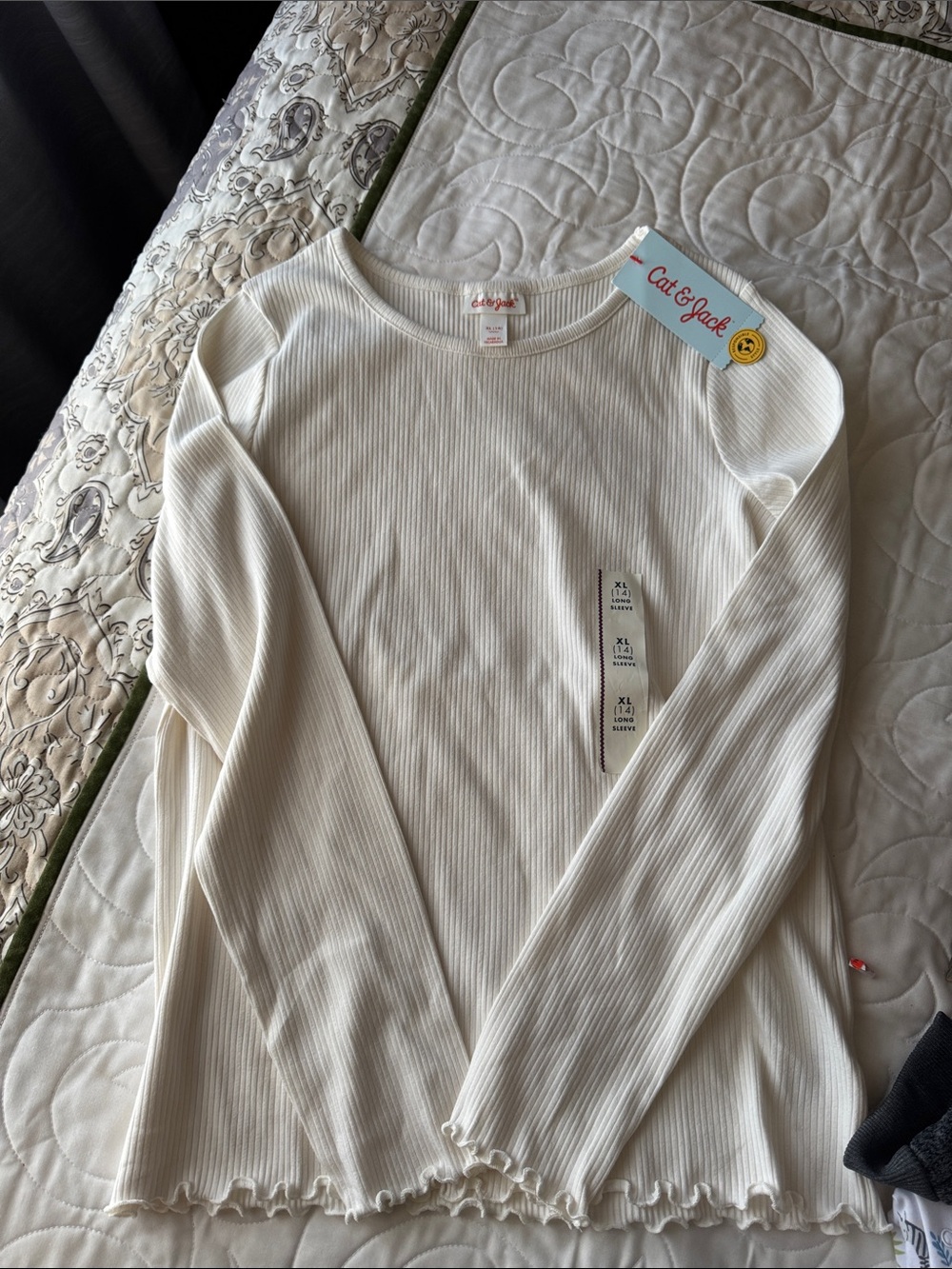 Cat & Jack Cream Ribbed Long Sleeve Girls' Top with Lettuce Hem